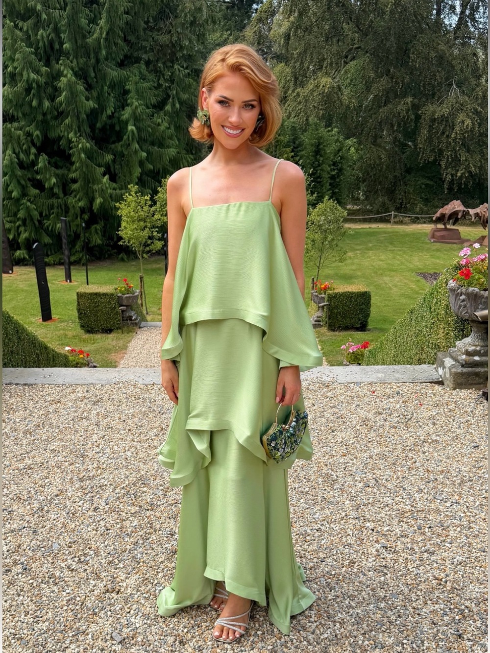 elliatt tilly green satin tiered oversized ruffle flared maxi gown dress XS